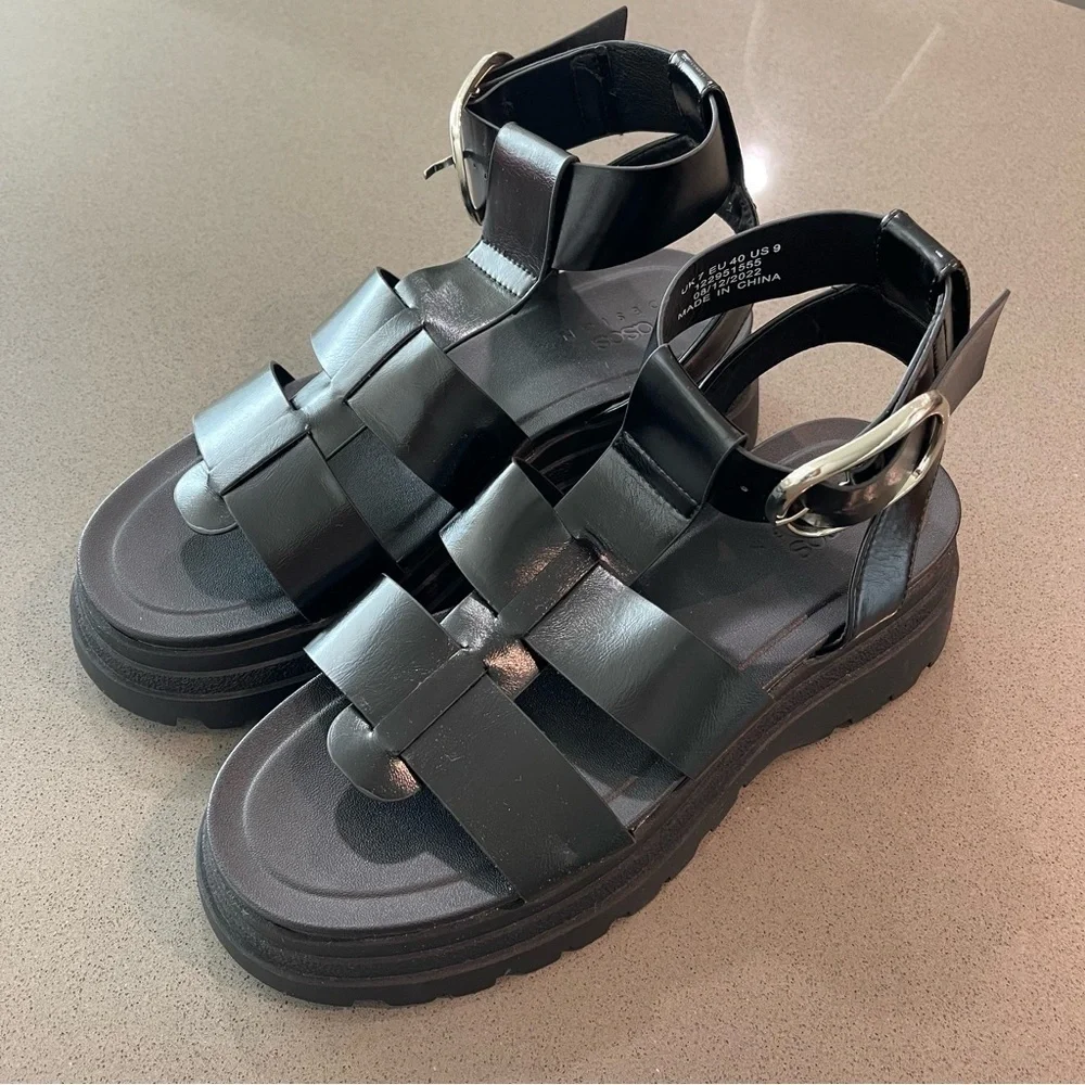 ASOS DESIGN Factor buckle hardware fisherman platform sandals in black size 9